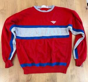 Vintage 80s Pony Crewneck Sweatshirt Colorblock Red Gray Blue Retro Stripe Size